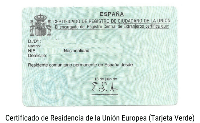 Certificado de residencia de la union europea tarjeta verde -