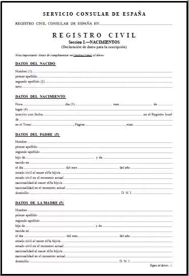 formulario declaracion de datos nacimiento registro civil