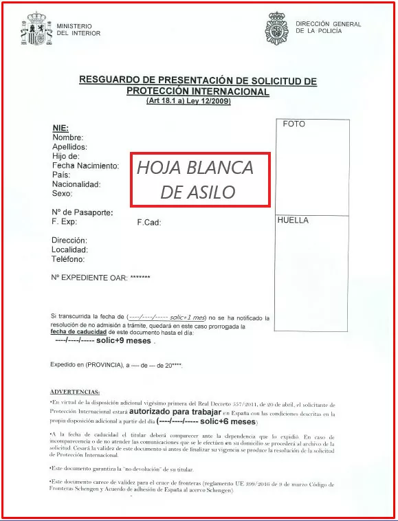 HOJA BLANCA ASILO RESGUARDO PRESENTACION DE SOLICITUD DE PROTECCION INTERNACIONAL