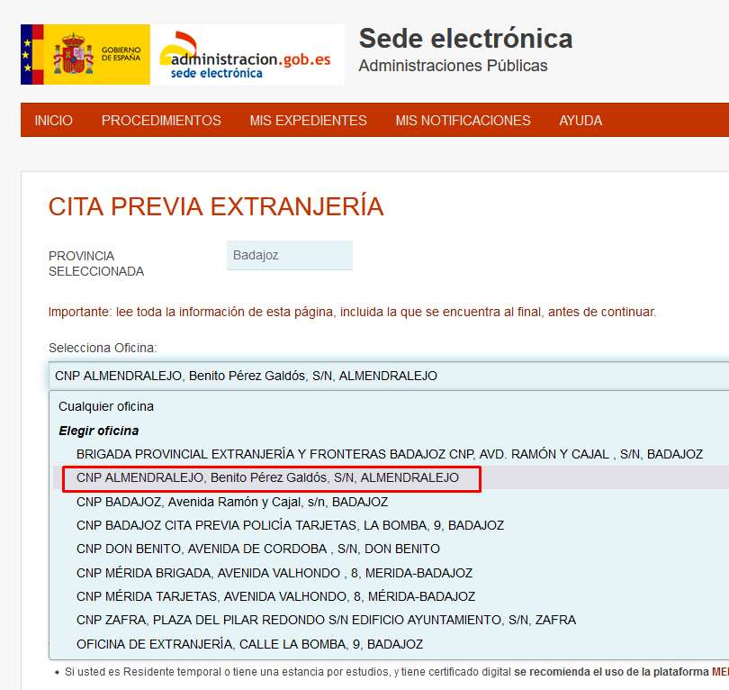 CITA PREVIA ALMENDRALEJO CALLE BENITO PEREZ GALDOS SN